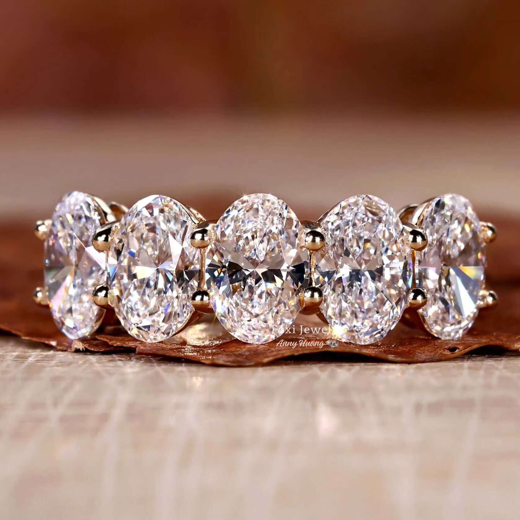 925 Silver Jewelry Yellow Gold Oval Cut Five Stones Lab Grown Diamond Wedding Ring Bling VVS Moissanite Eternity Rings for Women