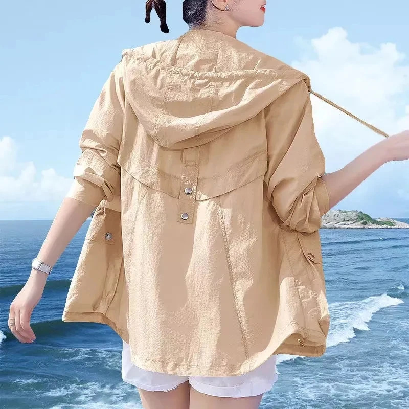 Summer Hooded Sun Protection Clothing Womens Thin Short Jacket Women Trench Coat 250611