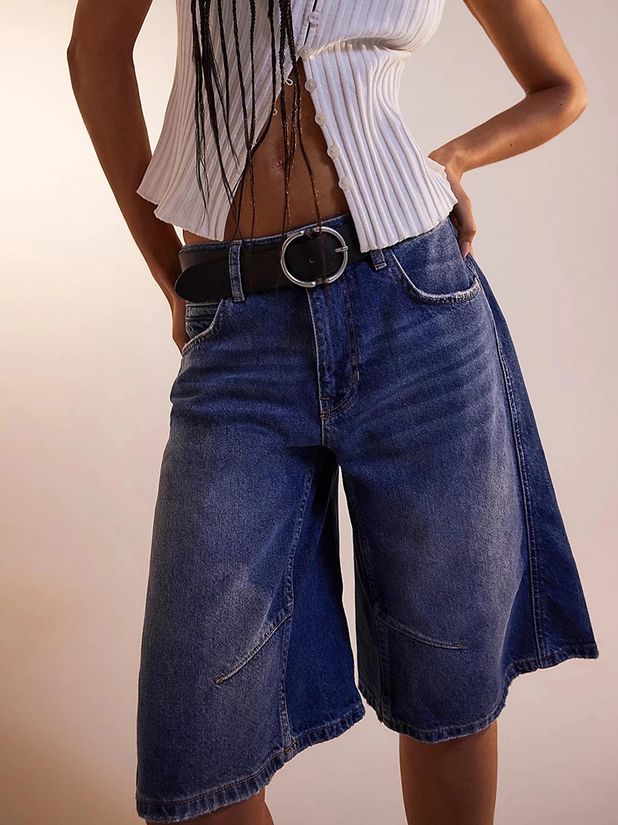 Womens Knee Length Denim Shorts Solid Color Low Waist Wide Leg Jean Shorts For Summer Club Street Style S-2XL 250613