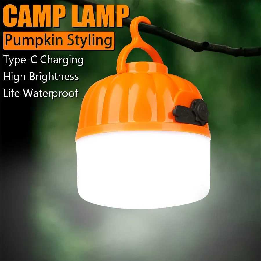 Mini LED Camping Lights 4 Modes USB Rechargeable Pumpkin Lantern Portable Tent Lamp with Hook Outdoor Emergency Floodlight Torch W250613