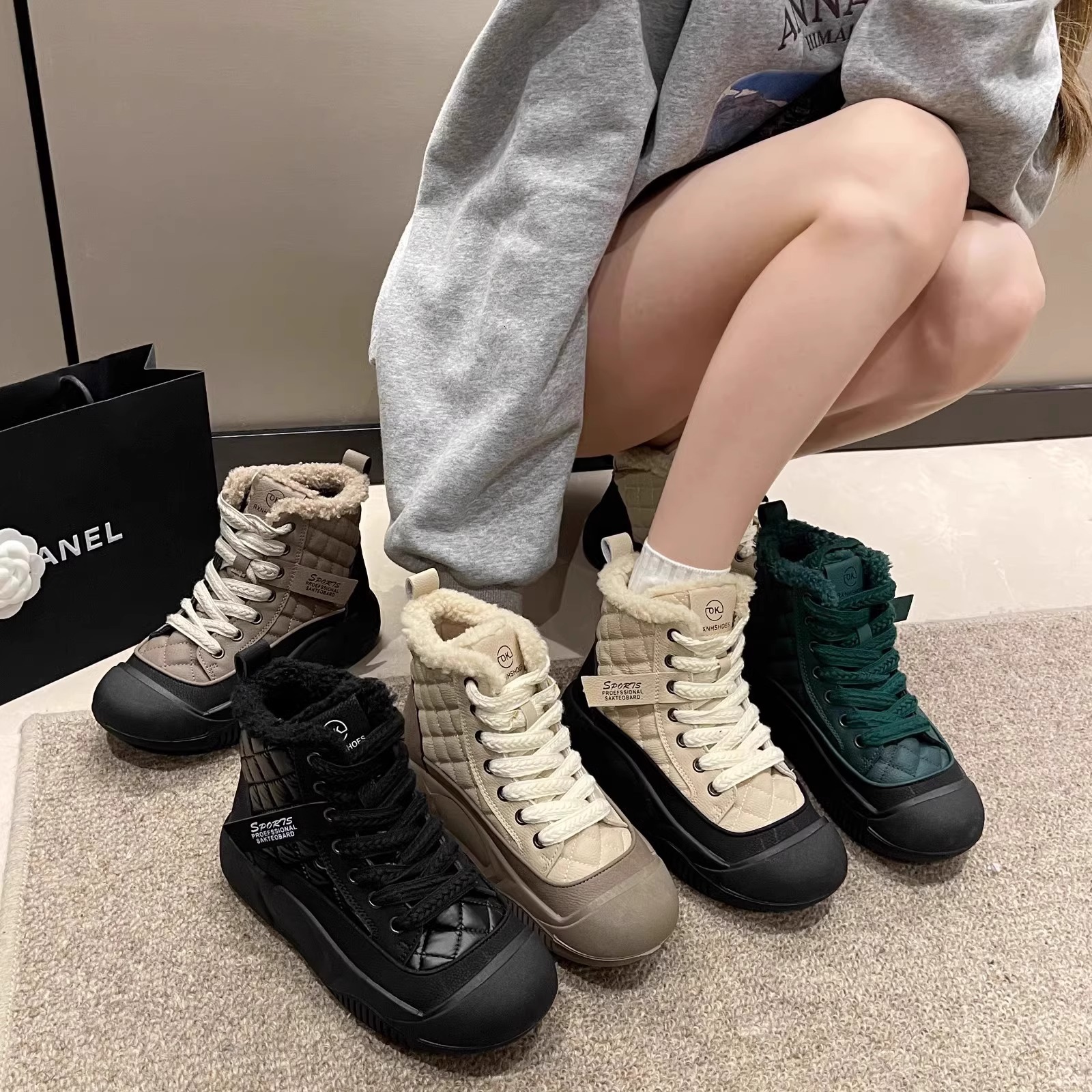 Ddmysports Thick Soled Snow For Women New High Top Shoes Closed Toe Lace Up Mid Calf Casual Round Furry Short Boots Outdoor Shoes