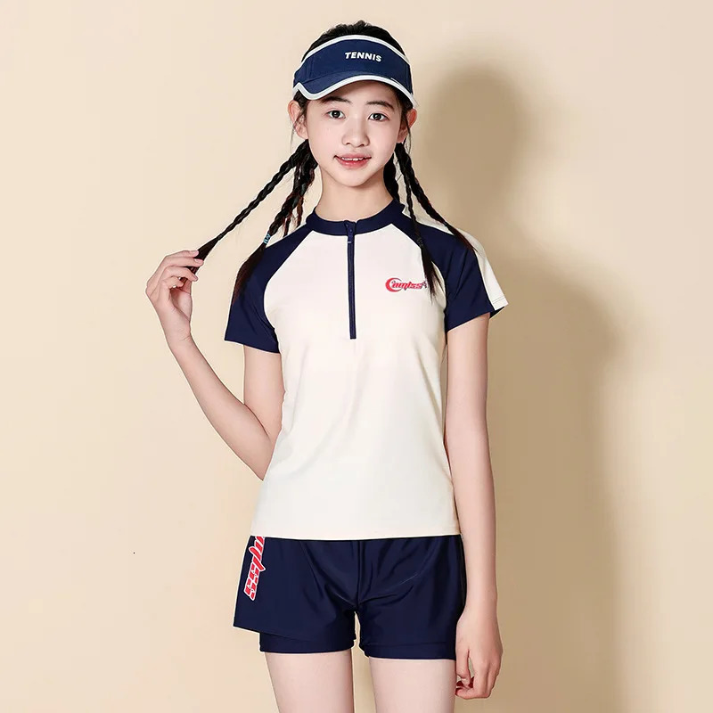 Two Piece Short Sleeve Bathing Suits For Teen Girls Swimsuit With -two Shorts Kids Swimwear Children Swimming Suit Beachwear 250614