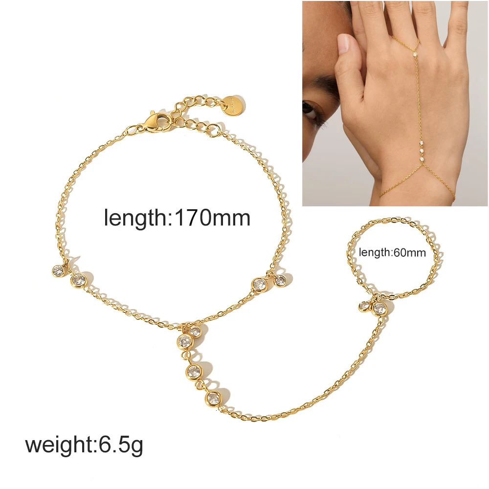 14K Yellow Gold Plated Stainless Steel Hand Chains Bracelet for Women Dainty Cubic Zirconia Bracelet and Ring Chain Body Jewelry 250610