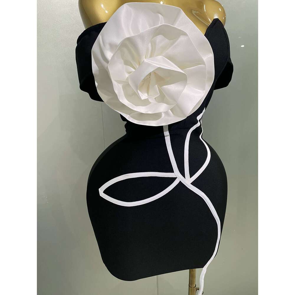 Women New Sexy Off Shoulder White Flower Black Mini Bodycon Bandage Dress Celebrity Evening Club Elegant Party Gowns