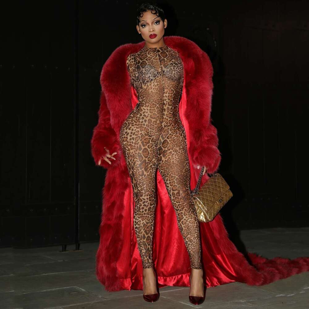 New Slim Fit Fashion Sexy Leopard Print Wild Girl Sheer Mesh Jumpsuit Bodysuit B5