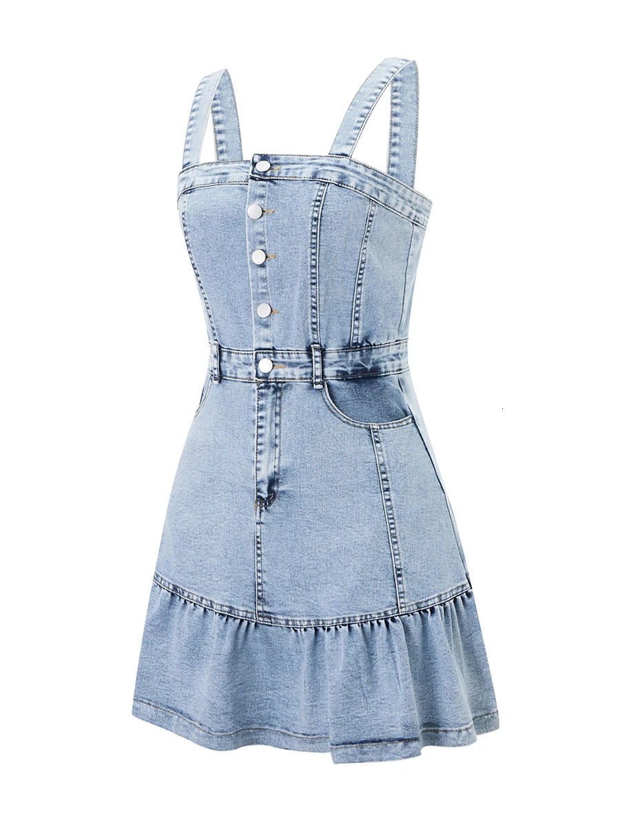 Women s Sleeveless Denim Jumpsuit with Button Up Front and Square Neckline Solid Color Overall Mini Dress for Summer Beachwear 250609
