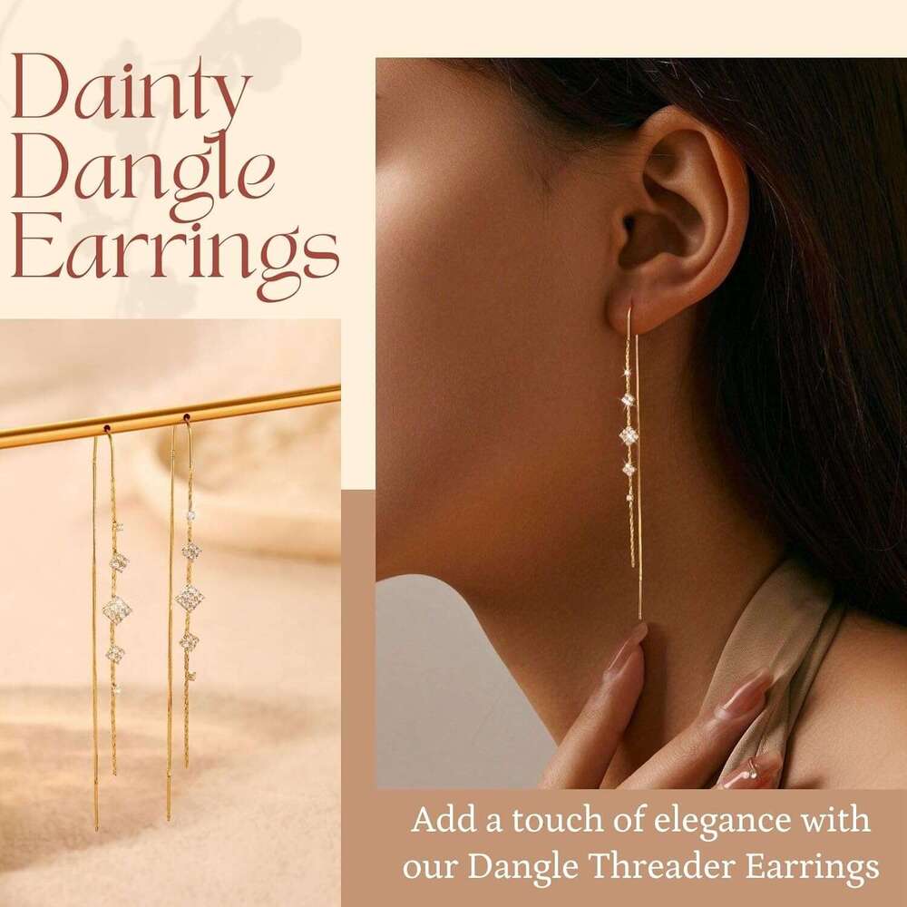 Gold Threader Women, 14K Dangle Long Drop Earrings Dangling, Dainty Elegant Dangly Ear Chain with Tassel and Cubic Zirconia for Wedding Hoco Trendy Je