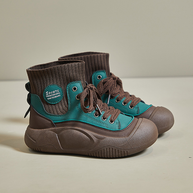 Ddmysports New Color Block High Top Martin Sock For Women Leather Soft Thick Sole Height Increasing Fashion Boots Outdoor Shoes