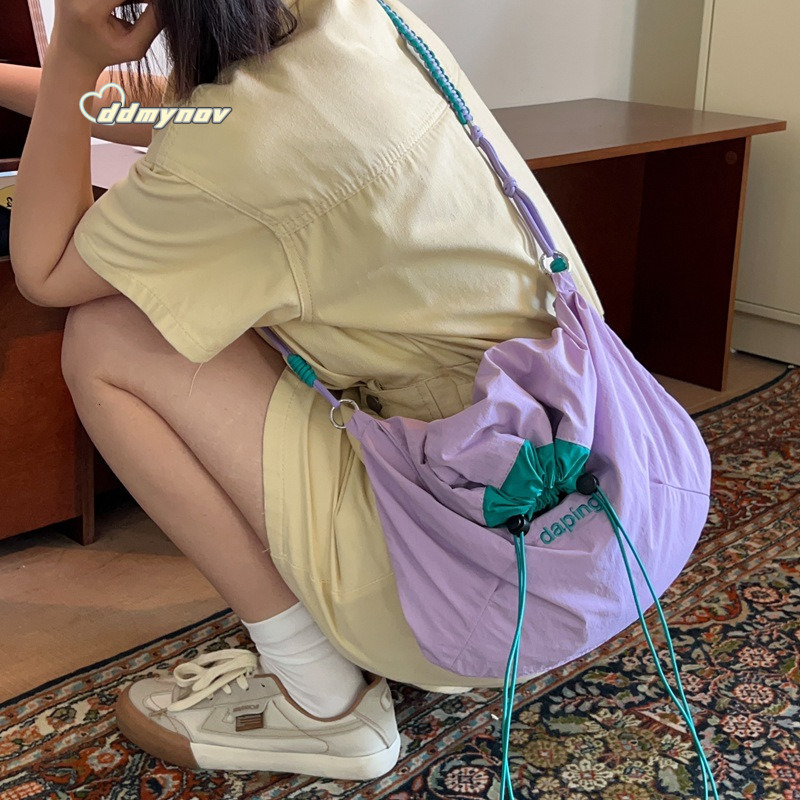 2024 New Fashion Versatile Drawstring Crossbody Personality Simple Single Shoulder Women's Bag Color-blocking Lightweight Handbag ddmynov