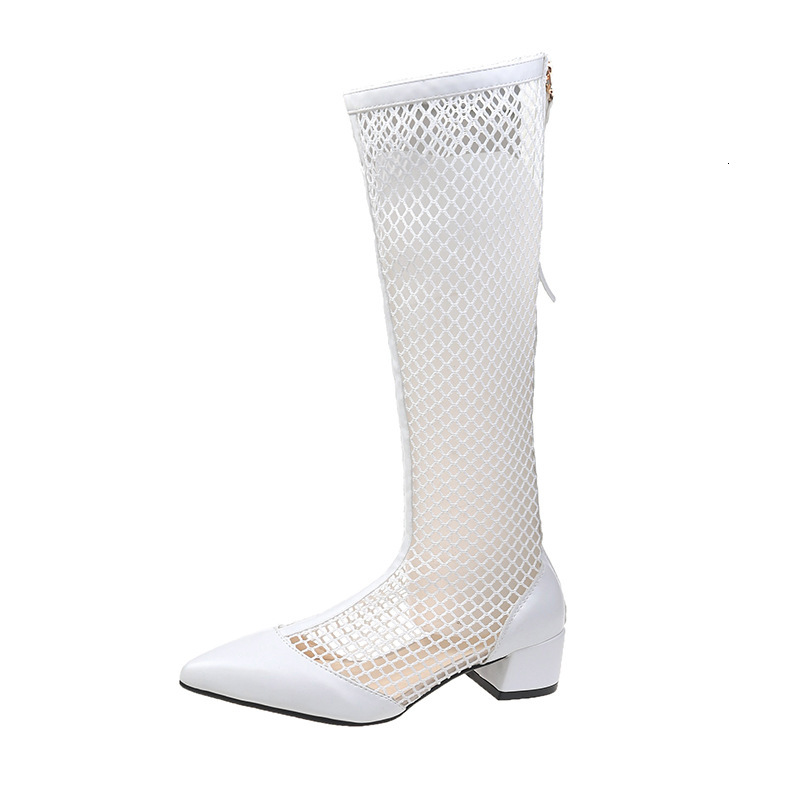 Ddmyoutdoor Trendy Women S Long Spring Summer New Pointed Toe Hollow Soft Leather Chunky Heel Mesh Boots High Tube Slim Leg Sandals Outdoor Shoes