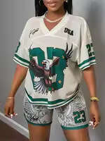 New Fashion Street Print Loose Casual V-Neck Short Sleeve Top And Shorts Sports Set B5