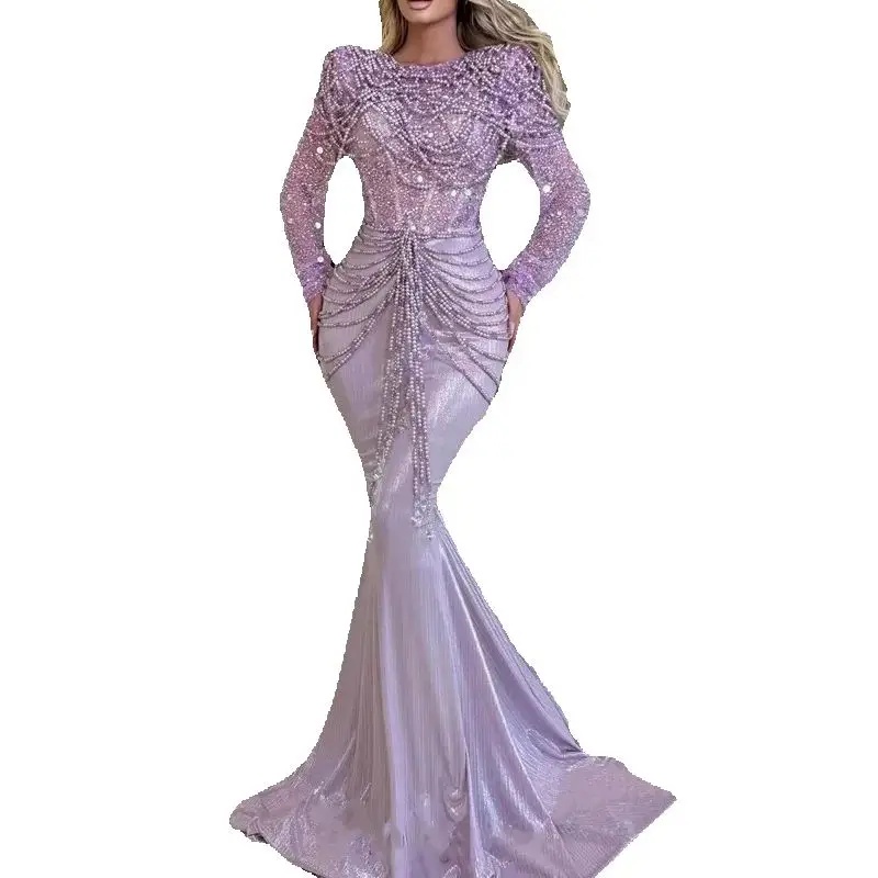 Gorgeous Beading Prom Dresses Elegant Sequined Pearls Scoop Neck Evening Dress Long Sleeve Celebrity Party Gown Customized