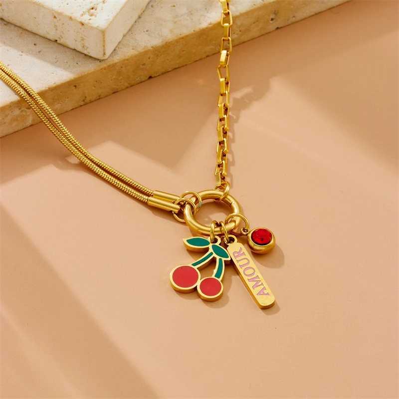 LAMENGLY 316L Stainless Steel Dopamine 5-Leaf Flower Bow Sun Heart Cherry Necklace Womens Novel Chic Neck Chain Holiday Gifts Z250614