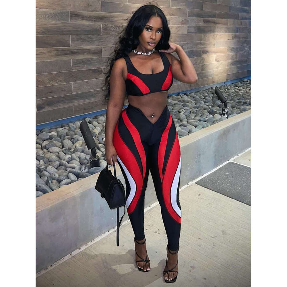 Autumn New Slim Sexy Street Biker Color-Block Short Vest Top And Pants Set B5