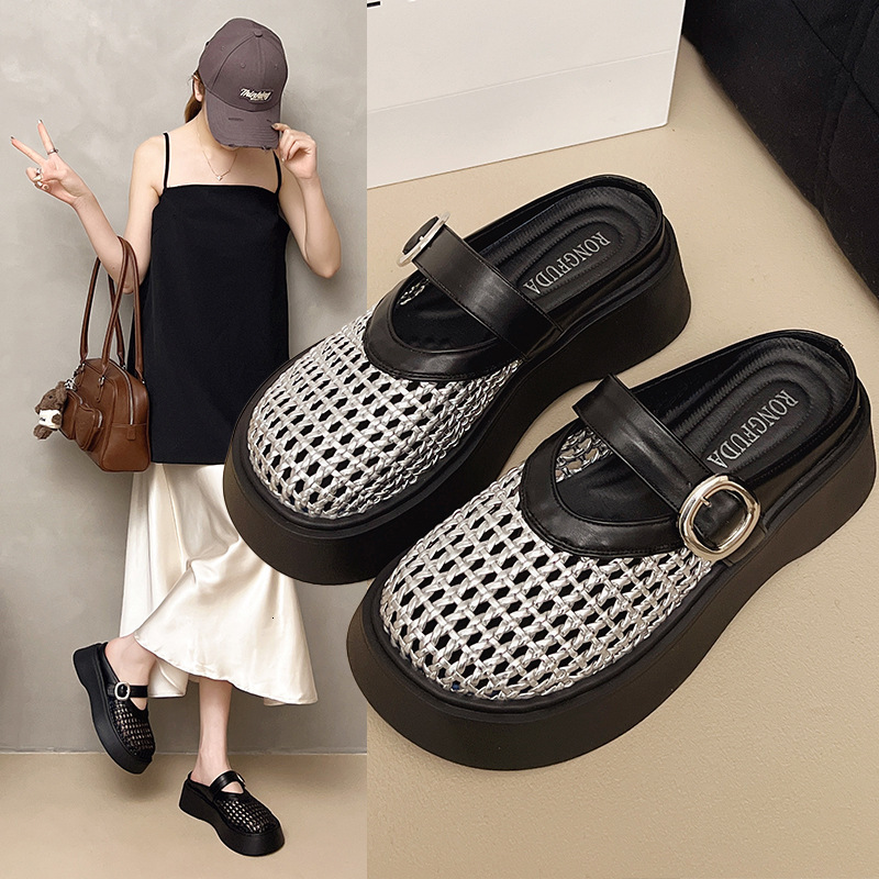 Ddmyoutdoor Ddmyoutdoor French Style Woven Hollow Toe Cap Half Slippers Summer New Versatile Breathable Flat Beach Sandals Outdoor Shoes Outdoor Shoes