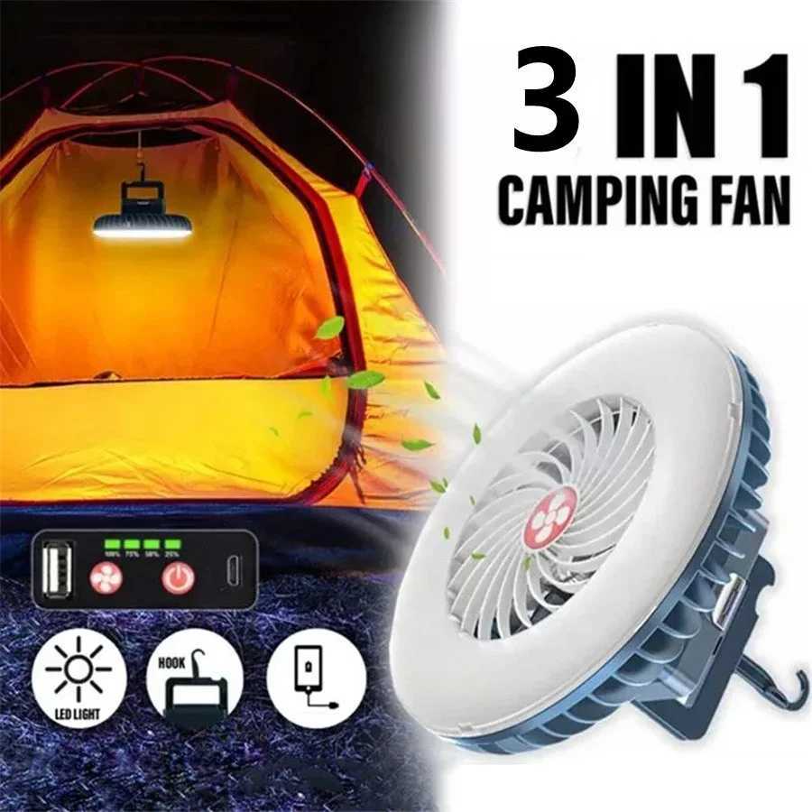 TIRVOSE 54LED Multifunction Fan Camping Light Outdoor Tent Lamp USB Rechargeable Portable Lanterns Emergency Night Market Lights W250613