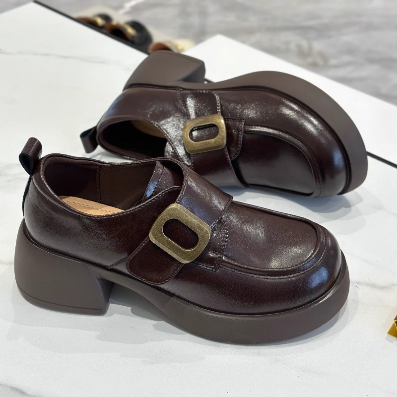 Ddmysports Autumn Magic Tape Loafers Height Increasing Thick Sole British Style Chunky Heel Leather Shoes Outdoor Shoes