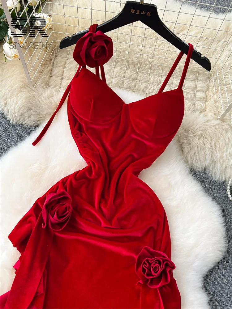 SINGREINY Summer Velvet Party Long Dress Strap Ruffles Sweet Split Beach Sundress Korean Streetwear Korean 3D Floral Midi Dress 250612