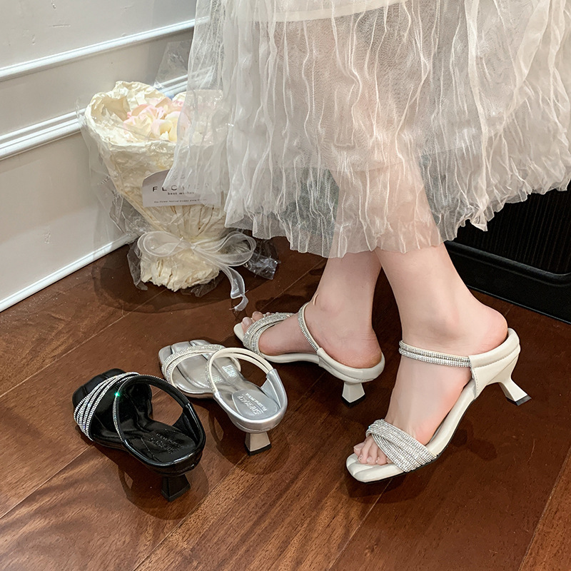 Ddmyoutdoor Fairy Style French Rhinestone One Strap Square Toe For Women Summer Outdoor Thin Heel High Heels Elegant Open Sandals Outdoor Shoes