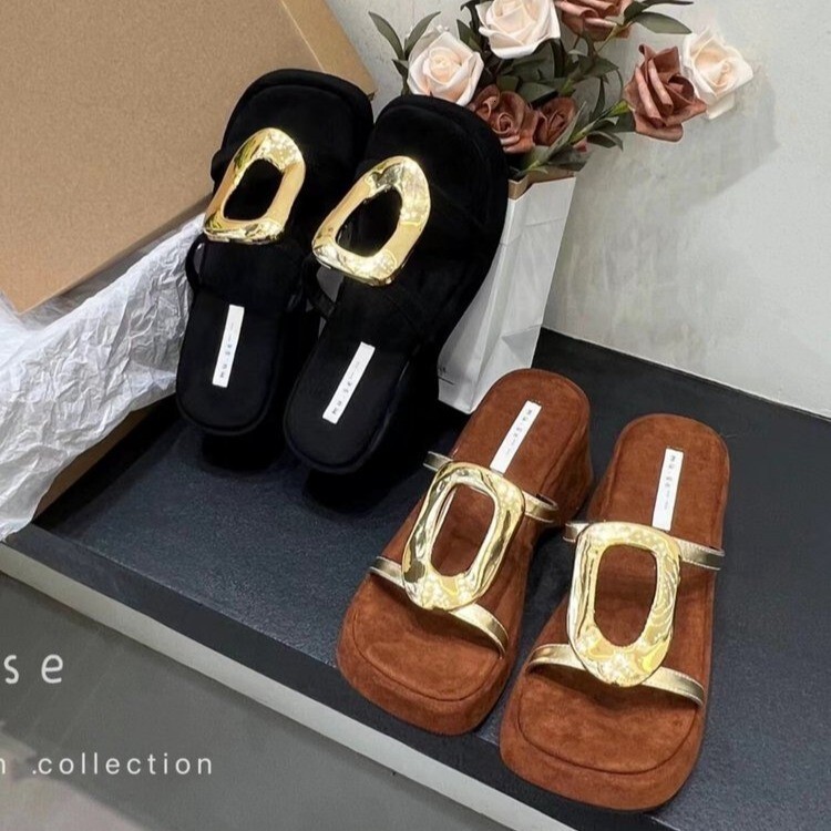 Ddmyoutdoor Summer Square Buckle New Thick Sole Design Metal Open Toe Height Increasing Niche Platform Sandals Slippers For Women Outdoor Shoes