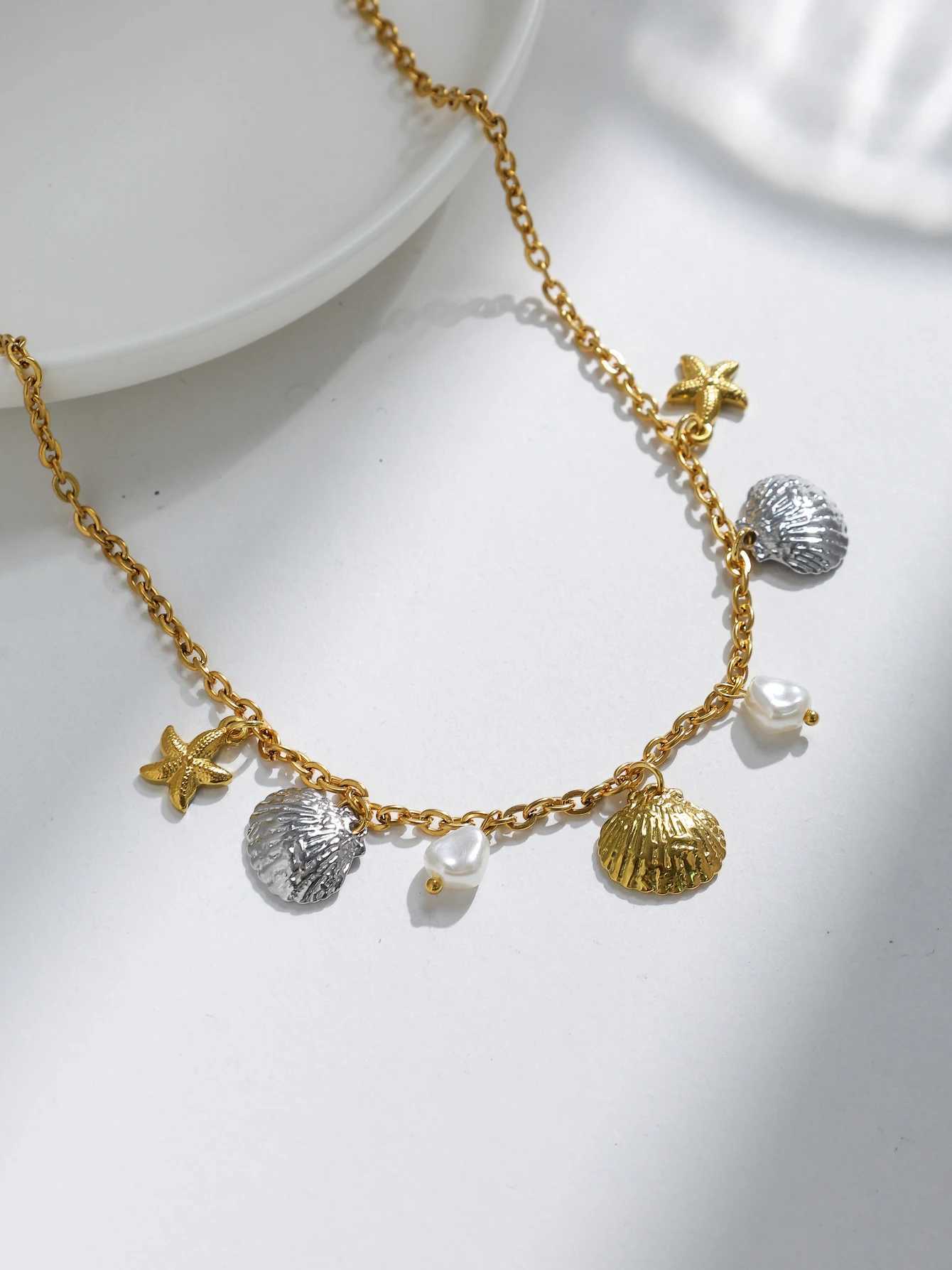 Fashion Two-color Shell Starfish Natural Pearl Pendant Necklace Stainless Steel Waterproof Pendant Necklace Unique Jewelry Gift Z250614