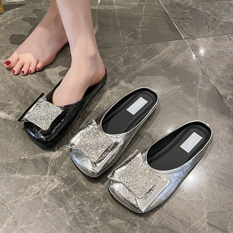 Ddmyoutdoor Square Shallow Mouth Shoes Korean Style Leather Flat Slip On Rhinestone Velvet Slippers Women S Closed Toe Outdoor Shoes