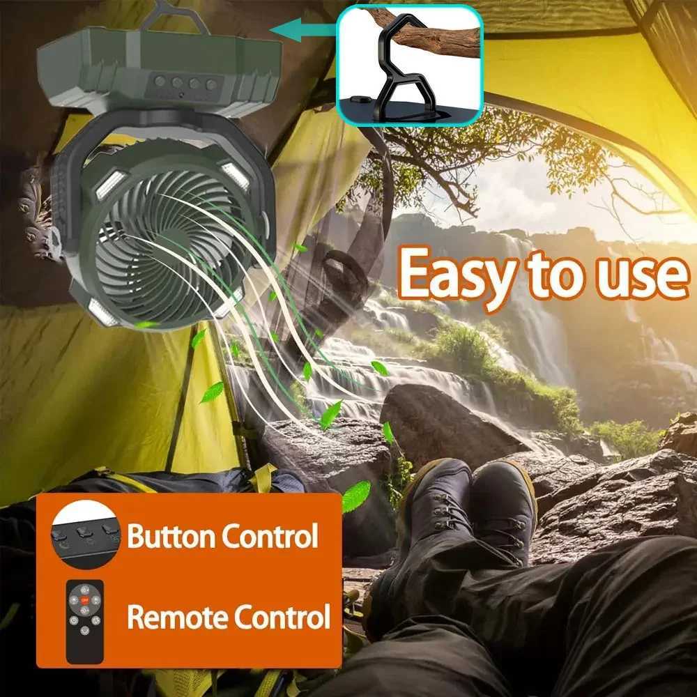 USB Rechargeable Camping Fan Light Remote Control Cordless Table Fan Portable Air Circulator Shaking Head Camping Hook Fan Light W250613