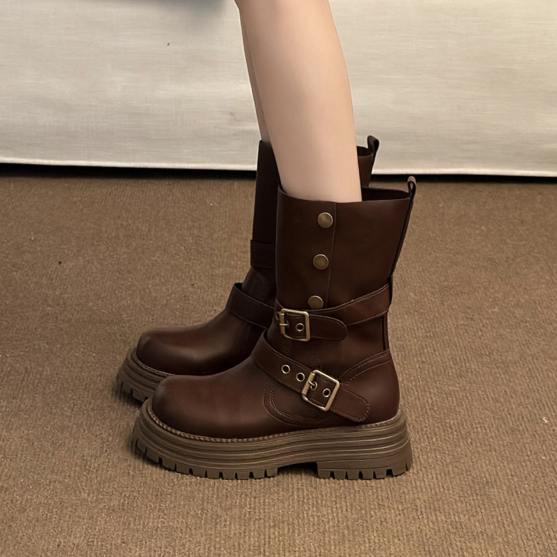 Ddmyoutdoor British Style Martin For Women New Spring And Autumn Single Two Way Mid Calf Thick Sole Black Short Boots Outdoor Shoes