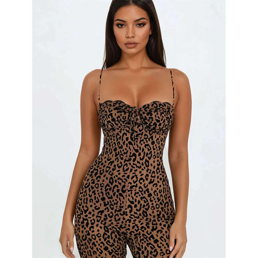 Women's Sleeveless Leopard Print Backless Slim Fit Strap Tube Top High Waist Hip-Lifting Jumpsuit B5