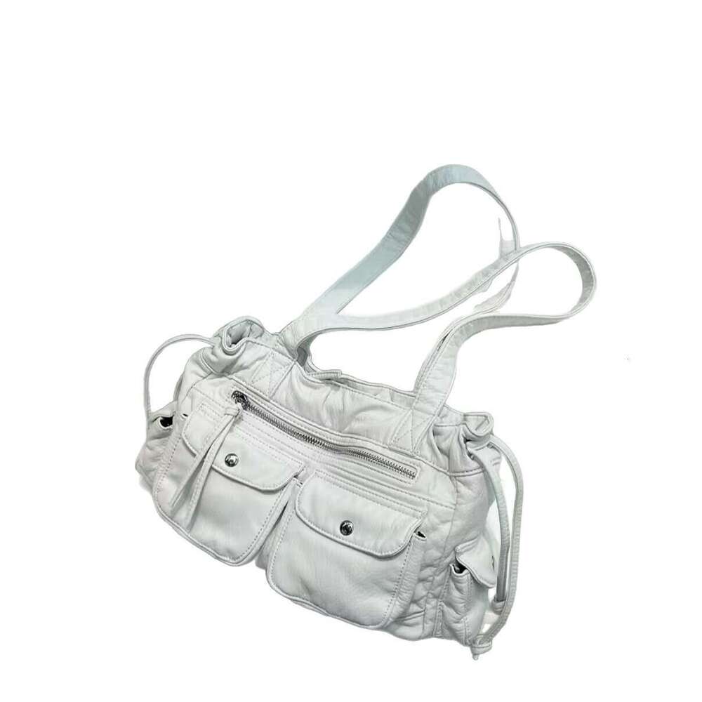 2025 New Fashion Underarm Punk Washed PU Shoulder Bag for Women Niche Design Drawstring Closure Motorcycle