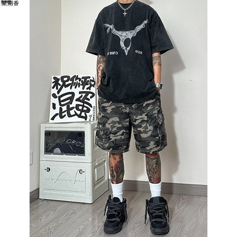 Mens Style Spliced elastic Loose Straight High Street Camouflage n Fivepoint Denim Shorts w250520
