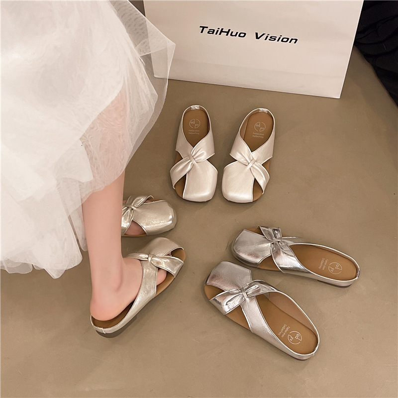 Ddmyoutdoor Baotou Half Slippers For Women Fashion New Summer Leather Flat Soft Sole Elegant Slip On Sandals S Shoes Outdoor Shoes