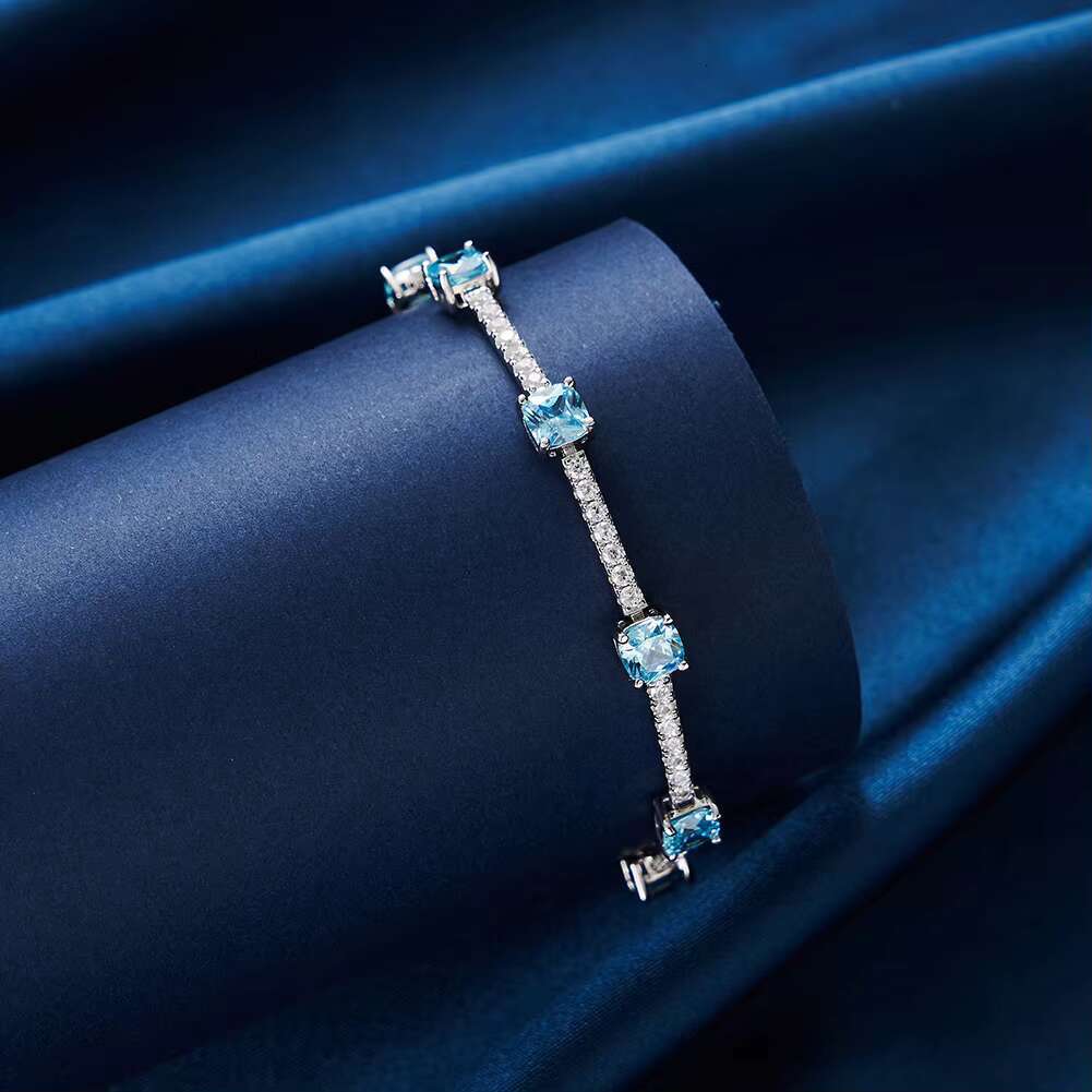 Wholesale Customizable Womens Elegant Tennis Bracelet Natural Aquamarine Gemstone Set Rhodium-Over Moissanite Elegant Bangles