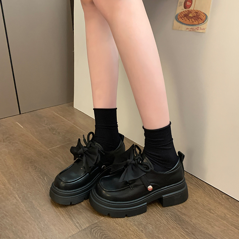 Ddmyoutdoor Women S Leather Shoes New Spring And Autumn Bowknot British Style Thick Sole Height Increasing Mary Jane Loafers Outdoor Shoes