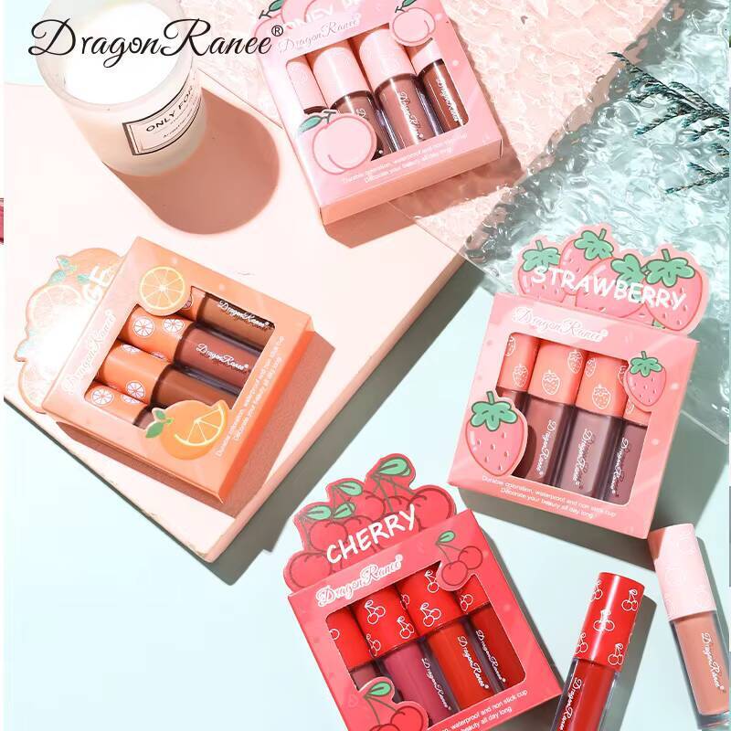 Mini Velvet Matte Gloss Set 4pcs Glaze Non-Stick Cup lipstick Long-Lasting Fruit Scented Lip Tint Makeup Lips Cosmetics happy