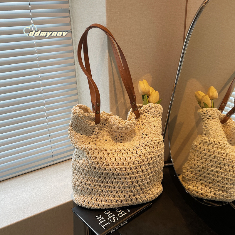 2025 New Beach Vacation Tote Single Shoulder Handbag Large Capacity Woven Straw Knitted Women's Bag ddmynov