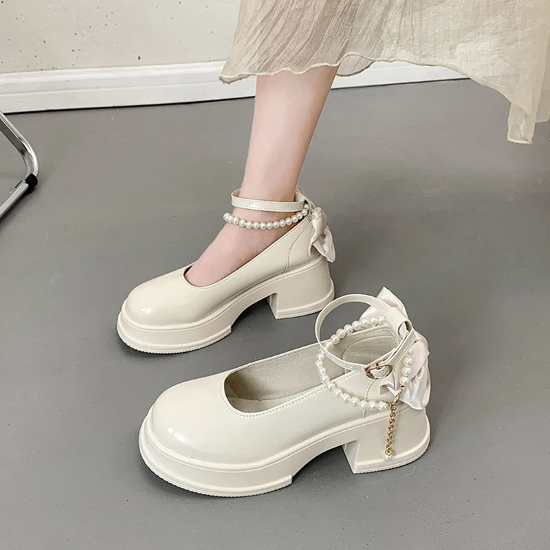 Ddmyoutdoor Round Toe White Pearl Chunky Heel Mary Jane For Women New Spring Autumn Niche JK Leather Shoes Outdoor Shoes
