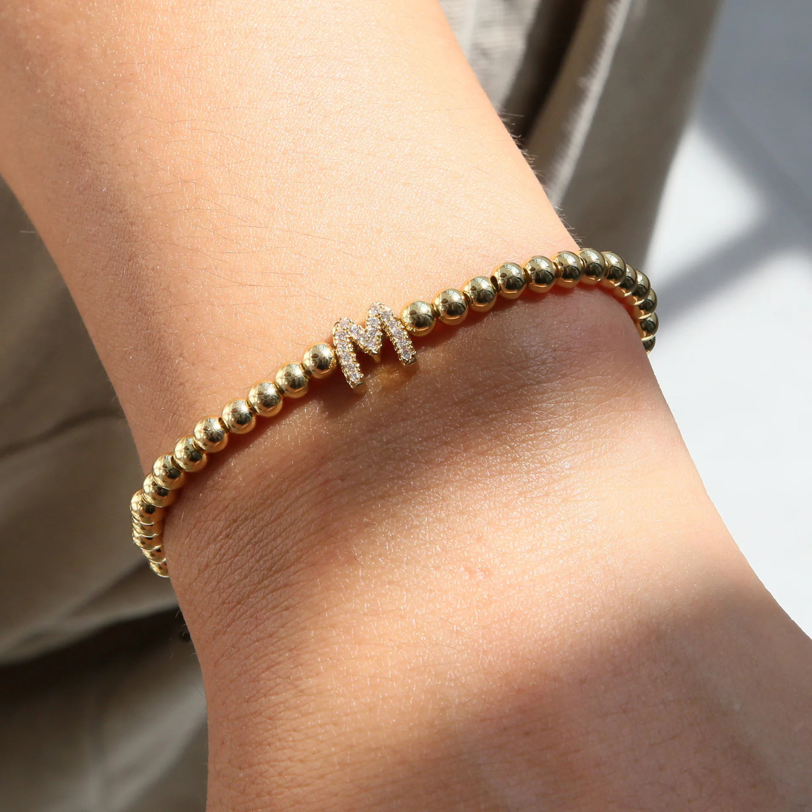 Dainty Gold Plated Zircon Balloon A-Z Letters Beaded Bracelets Bubbles Initial Charms Bracelet Stretch Women Men Jewelry 250610