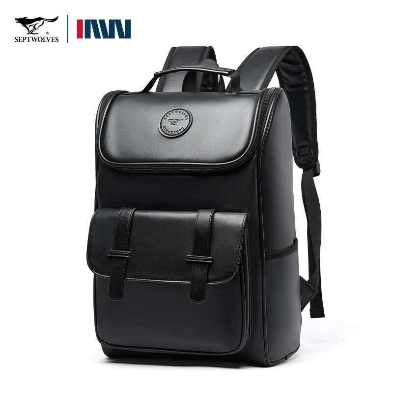 Septwoes Waterproof Leather Man PVC Business Travel Backpack Comfortable Widen Shoulder Strap Fit 16-Inch Laptop