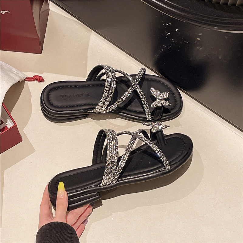 Ddmyoutdoor Ddmyoutdoor French Style Rhinestone Fairy Slippers For Women Summer Outdoor Flat New Toe Clip Perfect With Dress Beach Sandals Shoes Outdo