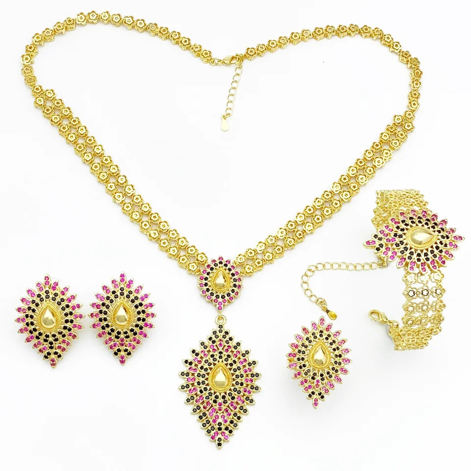 JRH Plated 18K Womens Jewelry Set Necklace Earrings Bracelet Ring Libyan Bridehigh Quality Fine Jewelry Woman Wedding Gift set 250609