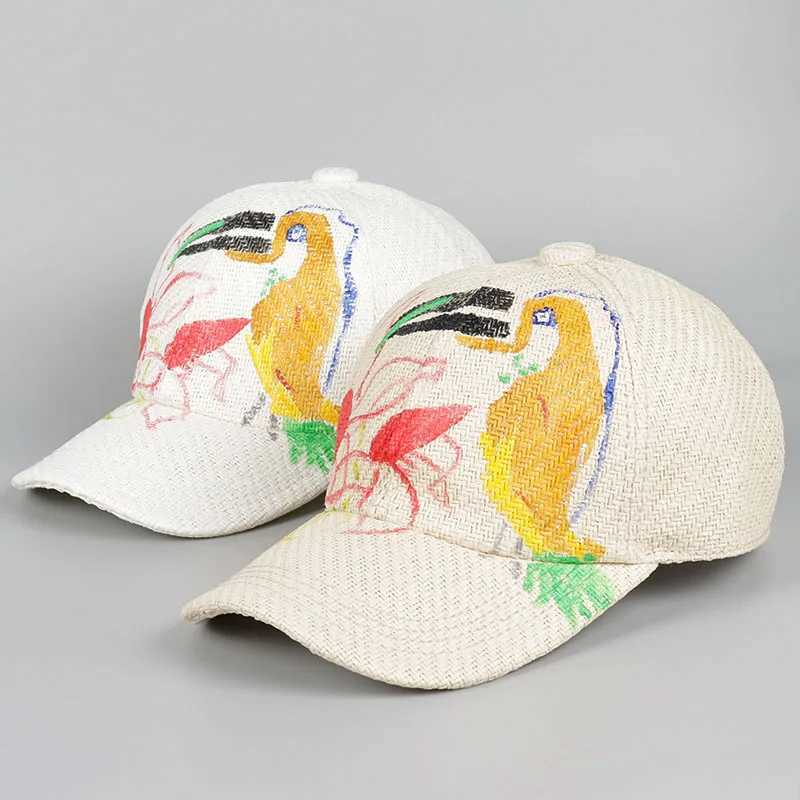 Summer Straw Sun Hat Women Men Baseball Cap New 2025 Letter Bird Print Gorras Para Hombres Sun Protection Hats Snapback Caps W250614