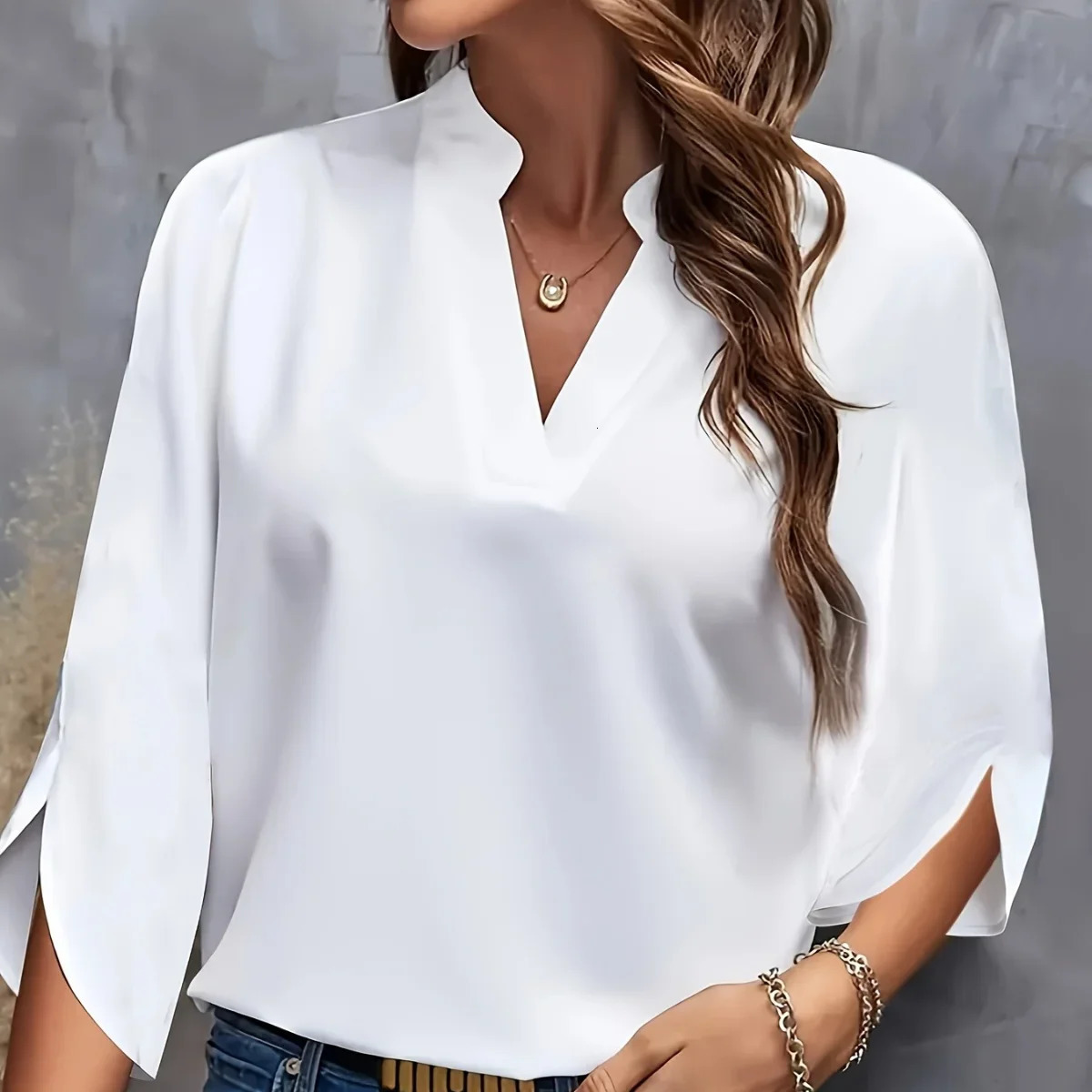 Plus Size Shirts Vneck Summer Elegant Womens Blouses Solid Color Loose Short Sleeve Casual White Office Lady Tops Clothing 250614