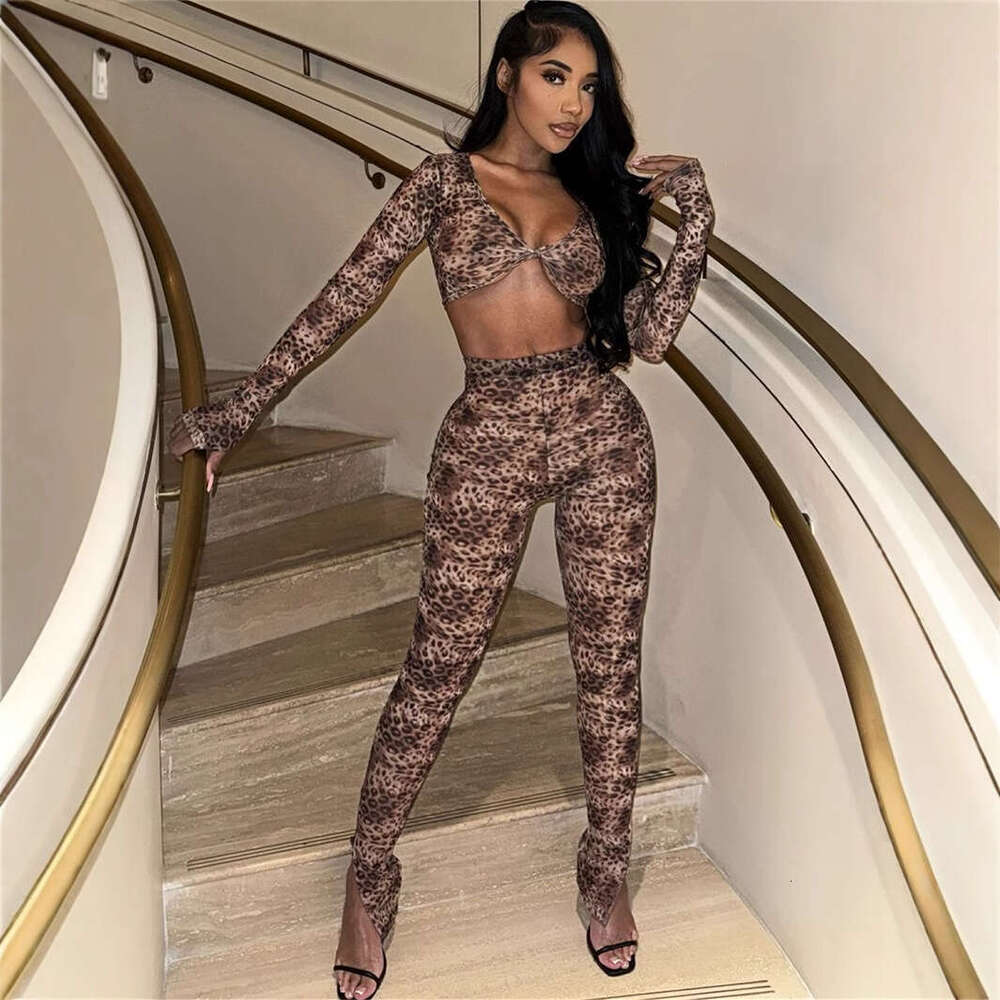 Autumn New Stretch Leopard Print Wild Sexy Slim Fit Short Long Sleeve Top And Pants Set B5