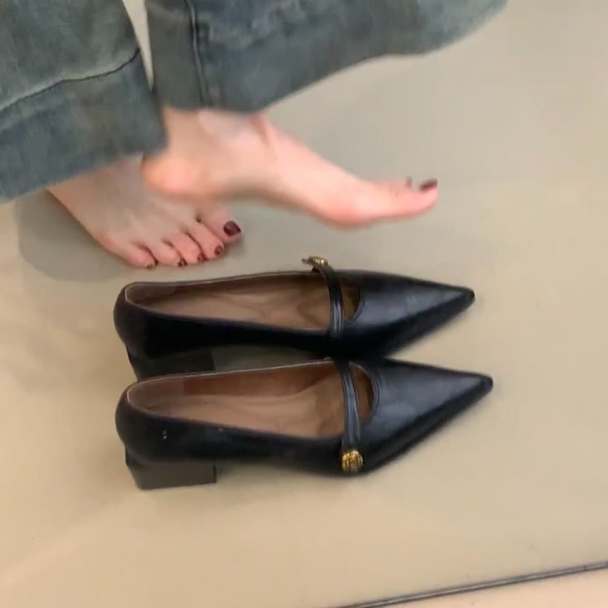 Ddmyoutdoor French Style Camellia Thick Heel Single For Women Spring New Pointed Toe Versatile Elegant Shallow Mouth Mary Jane Shoes Outdoor Shoes