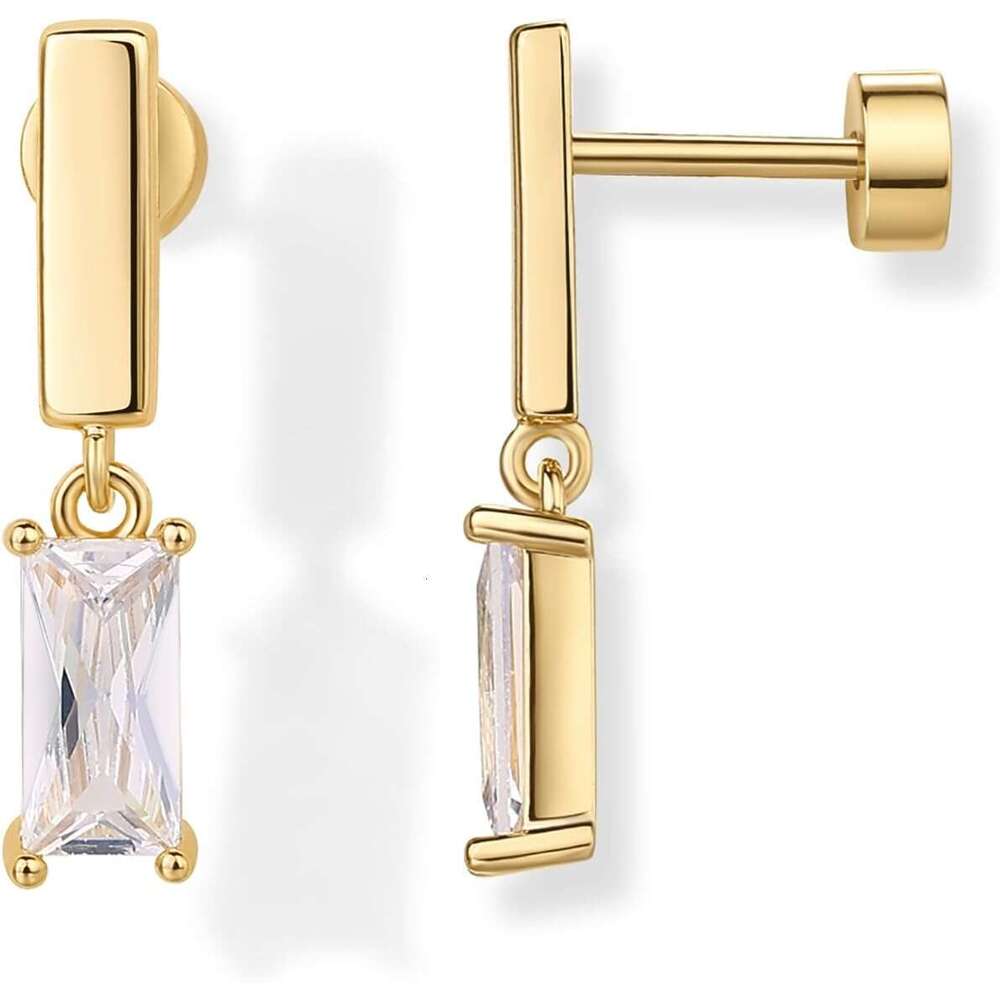 14K Gold Plated Sterling Sier Posts Mini Bar Drop Dangle Flatback for Women Dainty Helix Cartilage Piercing Jewelry | Baguette Bezel Marquise Pearl Cu