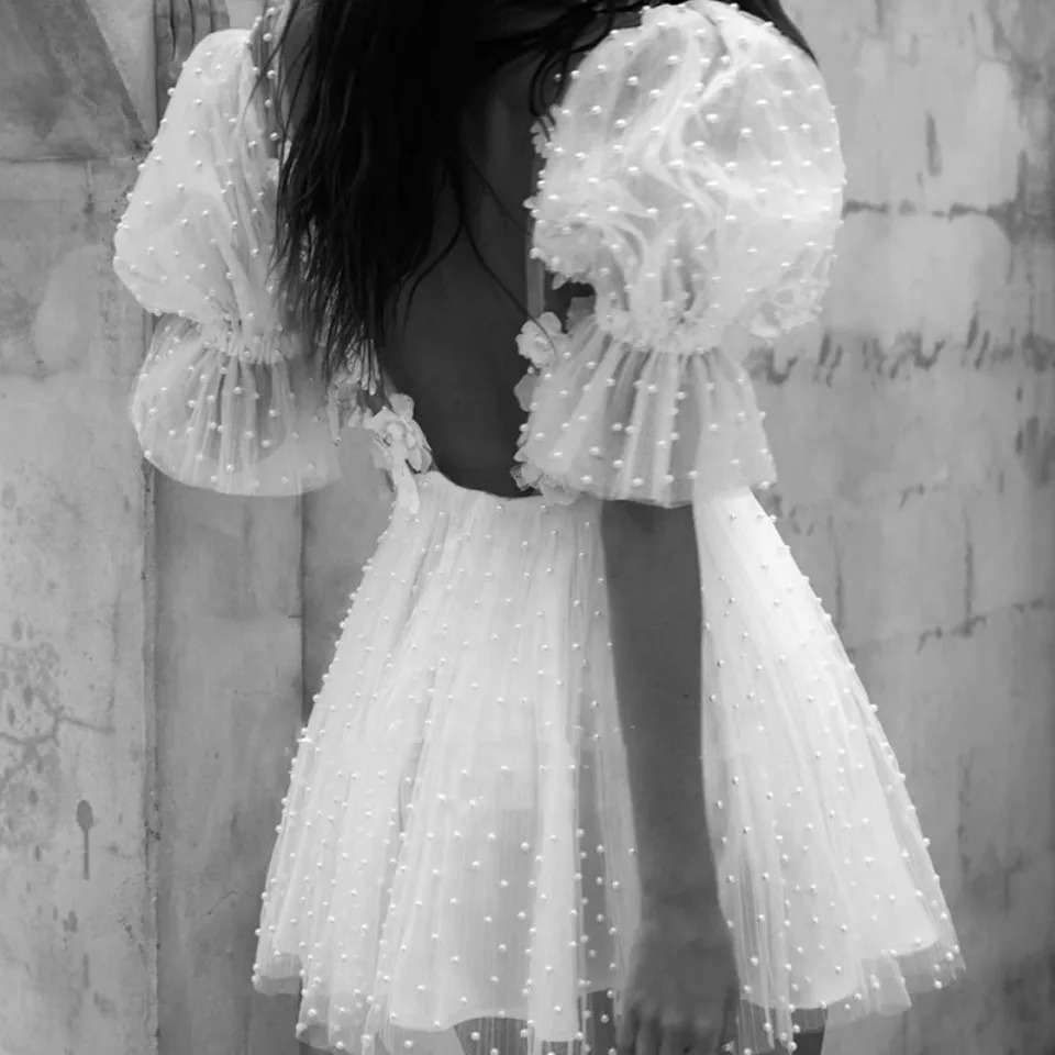 Customized Short Wedding Dress Plunging VNeck Half Sleeves Pearls Flowers Mini Bride Dresses Sexy Backless Formal Gown 250611