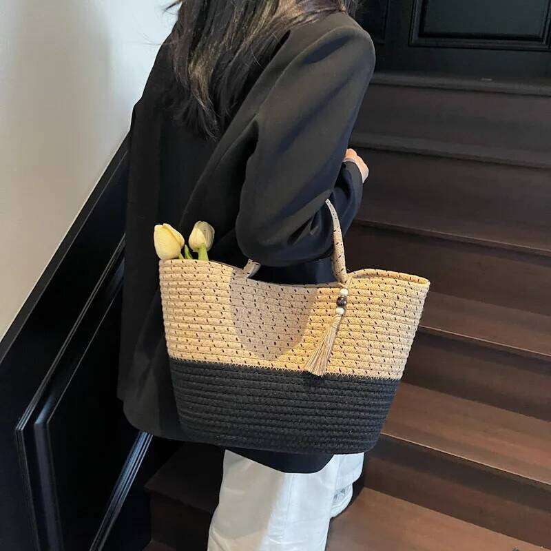 Quality Summer Beach Tote Bags For Women Cotton Rope Woven Contrast Color Large Capacity Shopper Shoulder Totes With Tassels