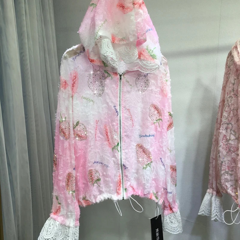 Women Drilling Diamonds Beaded Sunscreen Hoodies Shirts Coat Strawberry Butterfly Lace Spliced Blouses Zipper Cardigan Tops 250611