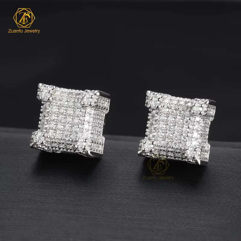 Drop Shipping Iced Out Hip Hop Sterling Silver 925 Silver Gold Plated Screw Back Square Moissanite Diamond Stud Earrings Men